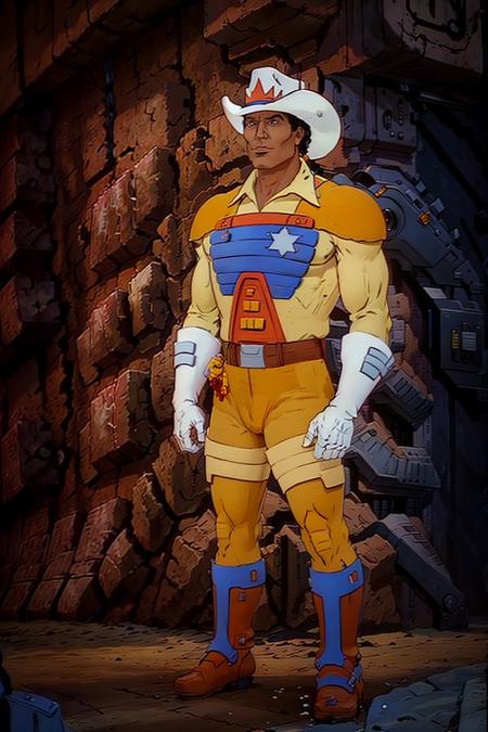 1boy, solo, smile, bravestarr, hat, cowboy hat, black hair, gloves, male focus, white gloves, blue boots,  dark skin, dark-skinned male,  (toned body:1.1), full body, in the desert , 
<lora:Bravestarr_1987:1.0>