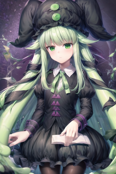 1girl, solo, fuma mishandra, green hair, prehensile hair, black headwear, black dress, green eyes, juliet sleeves, bubble skirt, long sleeves, black footwear, pantyhose, long hair, green ribbon, neck ribbon, collared shirt, mob cap