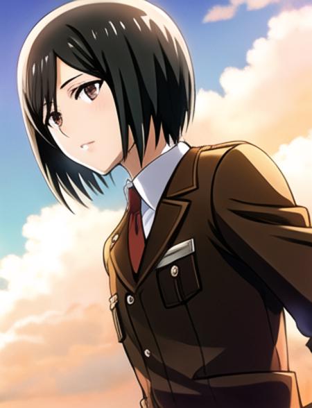 mikasa:0.8, (mikasa ackerman), highres,(masterpiece_1.0),(best quality_1.0),military uniform, perspective from front, (upper body),looking at viewer