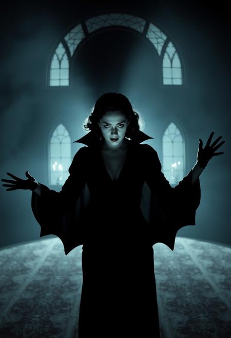 tanya maniktala as dracula. 1940s noir style. in a gothic mansion. shot by james whale
