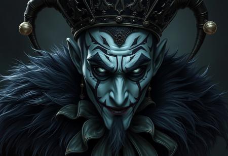 Create a high-quality, dark, and gloomy image of a male jester character that incorporates elements of Chorus of Sanctuary, with a focus on lifelike details and textures. Include intricate fur shoulder pads, an iron crown, and frosty white eyes. Inspired by the works of Craig Mullins, James Gurney, Greg Rutkowski, and Alphonse Mucha.