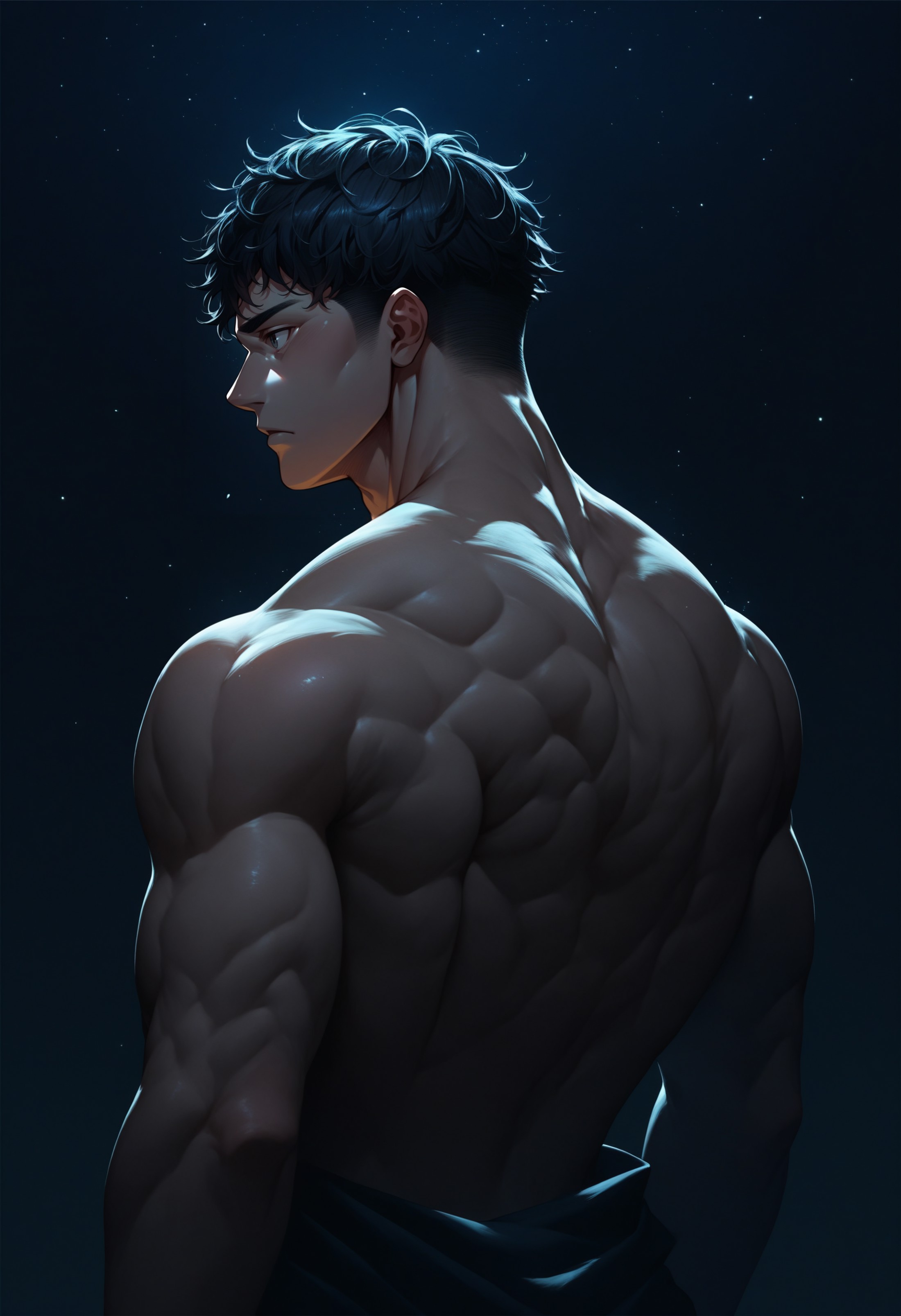 score_9, score_8_up, score_7_up, source_anime, night, (dark environment), 1boy, solo, muscular, from behind, upper body, m...