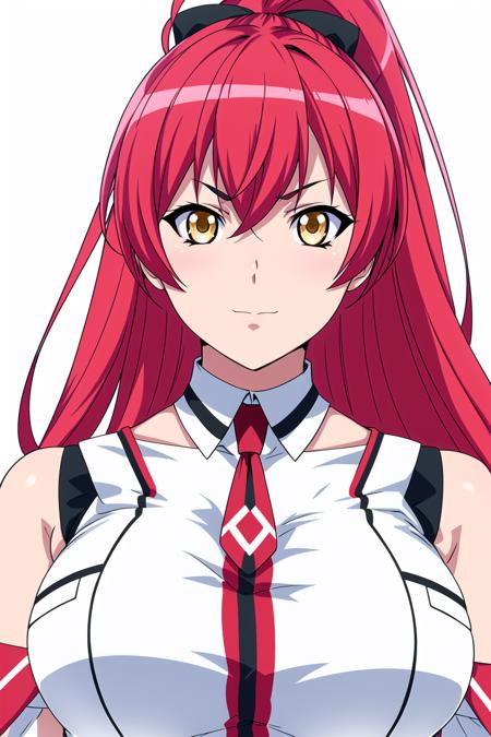 Simple White Background,
sleeveless shirt,bare shoulders,detached sleeves,red necktie,white shirt,
<lora:Scarlet_Fairchild_HxH-KK77-V1:0.7>,virtual youtuber,
red hair,yellow eyes,long hair,bangs,high ponytail, 
<lora:Oda_Non_Style-KK77-V2:0.3>,<lora:more_details:0.3>,
1 girl, 20yo,Young female,Beautiful Finger,Beautiful long legs,Beautiful body,
Beautiful Nose,Beautiful character design, perfect eyes, perfect face,expressive eyes,perfect balance,
looking at viewer,(Focus on her face),closed mouth, (innocent_big_eyes:1.0),(Light_Smile:0.3),
official art,extremely detailed CG unity 8k wallpaper, perfect lighting,Colorful, Bright_Front_face_Lighting,White skin,
(masterpiece:1.0),(best_quality:1.0), ultra high res,4K,ultra-detailed,
photography, 8K, HDR, highres, absurdres:1.2, Kodak portra 400, film grain, blurry background, bokeh:1.2, lens flare, (vibrant_color:1.2),professional photograph,
(Beautiful,Breasts:1.0), (beautiful_face:1.5),(narrow_waist),