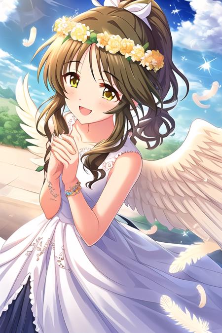 Takamori Aiko,
1girl, :d, angel wings, back bow, bare shoulders, blue ribbon, blush, bow, bracelet, brown hair, collarbone, dress, feathered wings, feathers, fingernails, flower, flower bracelet, frilled dress, frills, from above, head wreath, jewelry, lens flare, lips, long dress, looking at viewer, medium hair, open mouth, own hands together, parted bangs, ponytail, ribbon, sidelocks, sleeveless, sleeveless dress, smile, solo, sparkle, steepled fingers, wavy hair, white bow, white dress, white wings, wings, yellow background, yellow eyes
  <lora:deresute-v1.2:1>