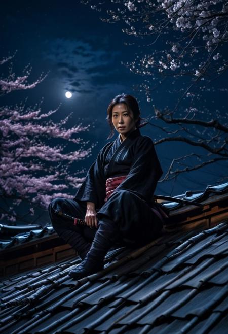 cinematic, realistic, detailed and intricate, dark atmosphere, dangerous, a Japanese ninja woman, sitting in ambush on the roof of Japanese house, middle age, (ninja girl), mature, night, moonlight, beautiful lighting, Sakura branches