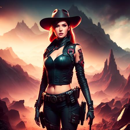 an attractive woman [gunslinger:bounty hunter:0.4] standing in a apocalyptic wilderness (neonpeaks style:1) <lora:djzNeonPeaks_LB2:0.8>