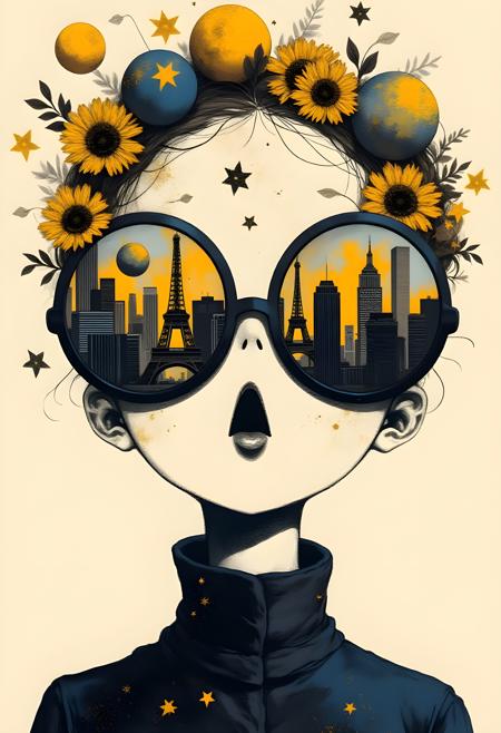 c1nna_sh4de, This is a surreal, digital art piece with a collage-like quality. It features a stylized, minimalist portrait of a woman with a stylized, elongated face. Her face is painted with a white background and black lips. She is wearing large, oversized, round sunglasses with the cityscape of a modern metropolis reflected in them. The scene inside the sunglasses includes recognizable landmarks like the Eiffel Tower and various buildings, painted with a blend of muted earthy tones and vivid yellows. The glasses have a black and dark blue frame and appear to be splattered with gold and white paint, giving them a whimsical, artistic texture. The woman's head is adorned with a halo of stars and celestial elements, including planets, stars, and flowers. The background of the portrait shows a gradient of beige tones transitioning into a lighter, off-white.