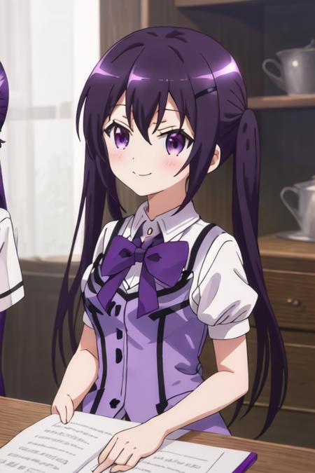 best quality, masterpiece, highres, solo, {tedeza_rize_istheorderarabbit:1.15}, purple_hair, long_hair, twintails, purple_eyes, bangs, hair_ornament, blush, hairclip, hair_between_eyes, closed_mouth, indoors, 1girl, bow, collared_shirt, purple_bow, purple_bowtie, rabbit_house_uniform, shirt, upper_body, white_shirt, bowtie, purple_vest, vest, shiny_hair, wing_collar, shiny, smile, short_sleeves, looking_at_viewer