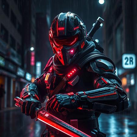 Space Ninja, futuristic, cybernetic armor, high-tech helmet with visor, muscular, black, red, white, color palette, dark city street, night, rain, neon, high-tech laser/steel blade, combat stance, intricate, menacing, powerful, cybernetic aesthetic, high quality, UltraHD