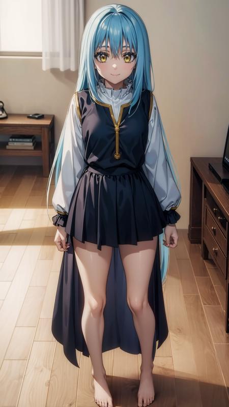 (masterpiece,  best quality),  ray tracing,  absurdres,  HDR,rimuru tempest, coleus,1girl, long hair,light blue hair,  , yellow eyes,  breasts,, long sleeves, standing , , indoors, closed mouth,living room, bangs, pants, solo focus, straight hair,short skirt,,looning at viewer,bare legs,barefoot,smile,<lora:rimuru coleus_v2_step20:0.7>