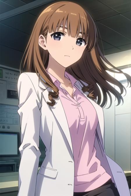 taeanegasaki, <lora:tae anegasaki s2-lora-nochekaiser:1>,
tae anegasaki, long hair, brown hair, (light brown hair:1.2) drill hair, (black eyes:1.5), bangs, blunt bangs, smile,
BREAK labcoat, shirt, (pink shirt:1.2), collared shirt, skirt, pencil skirt, black skirt, (white labcoat:1.2),
BREAK indoors, classroom,
BREAK looking at viewer, (cowboy shot:1.5),
BREAK <lyco:GoodHands-beta2:1>, (masterpiece:1.2), best quality, high resolution, unity 8k wallpaper, (illustration:0.8), (beautiful detailed eyes:1.6), extremely detailed face, perfect lighting, extremely detailed CG, (perfect hands, perfect anatomy),