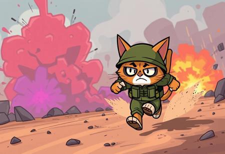 cartoon style, a cat with army uniform running from a battlefield with multiple colors colorful explosions with a worried funny face, dust color, color smoke