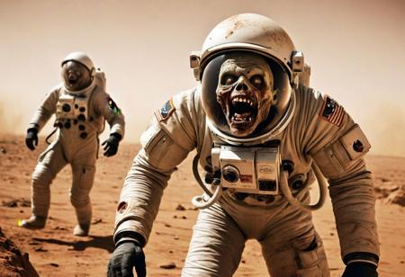Attack of the zombie-astronaut: 1zombie-astronaut (on-the-background,mouth opened showing teeth, dirty suit ripped)  attacks 1man(on-the-foreground,beautiful,good, healthy, normal, frightened, screaming).  Horror movie by Richard Corben. On the surface of Mars sand storm