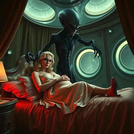 Terrified blonde secretary, clad in a  1950slong delicate silk slip, her glasses askew, pregnant, hands tied to headboard,   laying belt fastened to weird alien   bed under lush canopy, reflecting the faint glow of the elegant alien lord wife  boudoir. Glossy fluffy  high heels a stark contrast to her distress, as a towering, human-like alien in a glossy black slime baroque  robe looms over her, its long fingers caressing her  pregnant body.The walls appear to be alive, covered in a pulsing, iridescent slime, while giant observation portholes gaze in like empty eyes, as if the very darkness of space itself is watching this horrific scene unfold. Inspired by the dark, industrial sci-fi of H.R. Giger, the eerie, atmospheric lighting of Zdzisław Beksiński, and the surreal, biomechanical nightmares of Francis Bacon.