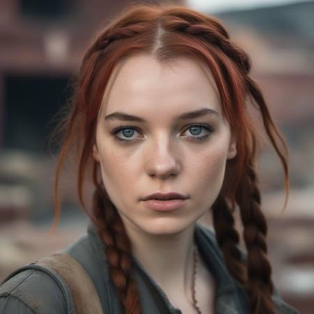 <lora:esme_sdxl:1> esme,, a close up portrait photo of 26 y.o woman in wastelander clothes, red hair, braids,  pale skin, detailed skin, tan, (freckles:.5),  slim body, background is city ruins, (high detailed skin:1.2), 8k uhd, dslr, soft lighting, high quality, film grain, Fujifilm XT3