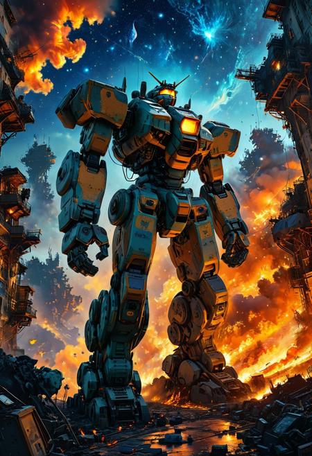 A massive mecha, captivating in its retro art style reminiscent of the 1980s, is depicted with foreshortening and viewed from below. The night sky is ablaze with fire and a distant explosion, while the starry sky above adds an otherworldly touch to the scene.
The image, a true masterpiece, is rendered in the highest quality, showcasing intricate details and a perfect balance of colors and shading. This high-quality piece epitomizes the best of its kind, a testament to the artist's skill and craftsmanship.