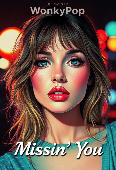 high quality design aesthetics, disco, synth pop, detailed, pop album cover, beautiful young white woman, artist name "WonkyPop", album title "Missin' You"