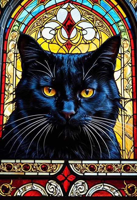 Stained glass style ,  as (((stained glass))),a black wild cat, insane look, gothic church, knight decorations, IAM GOING TO FUCKING MURDER YOU LOOK, angry and mad look at the viewer, close-up, (epic composition:1.4), (talent:1.2), ultra detailed, highly detailed, insanely detailed, , exquisite, sharp, elegant, ambient lighting,, high quality, <lora:add-detail-xl:3> , colorful . Vibrant, beautiful, translucent, intricate, detailed, . Vibrant, beautiful, translucent, intricate, detailed