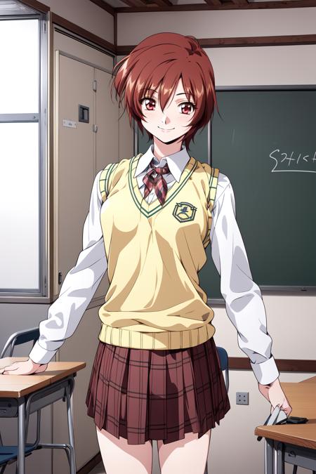 (RAW photo, best quality), 1girl,  natural lighting, solo, smile,
 <lora:innai_kansen_kuramoto_chihaya_v2_2:1>, kuramoto chihaya, 
 classroom, school uniform, sweater vest, plaid skirt,