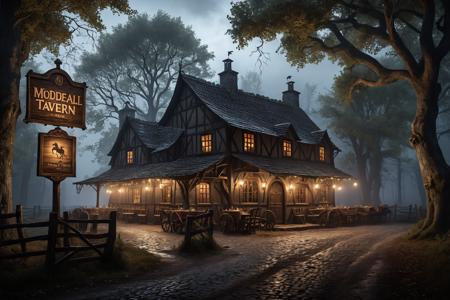 Hyperrealistic art , masterpiece, a small medieval tavern at the end of the street with a large tavern sign on the wall surrounded by rustic old oaks. Horses are tied to a fence. a dark, spooky forest in the background. Wisps of mist envelop the tavern, fog rolls in, midnight, darkness, 
(darkness:5.0), dark,  <lora:add-detail-xl:1.8>,, Ultra-HD-details, true to life, HDR image, High detail resolution, high detailed cloth, cinematic lighting, realistic, sharp focus, (very detailed), ((4K HQ)), depth of field, f/1.2, Leica, 8K HDR, High contrast, bokeh, realistic shadows, vignette, epic, . Extremely high-resolution details, photographic, realism pushed to extreme, fine texture, incredibly lifelike