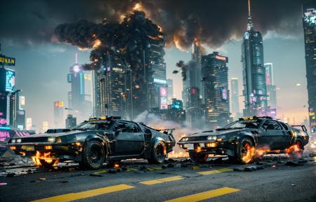 a photo of Delorean, racing through collapse building.
extremely detailed, depth of field, physically-based rendering, natural light, dynamic lighting,
SDXL,,
((SFW)), 
bodysuit, (((ironman armor))), tactical suit, skynet, looking at camera, ((cyberpunk2077:1.3),
(tall black buildings in the background)), futuristic background, dark,  )nighttime, sci-fi buildings, ((flying cars)), (((explosions, smoke, collapsed buildings))), (purple neon buildings), crossing jet streams in sky, flames everywhere, fire, armageddon,
perfect body:1,BRAV5_Realisianv50_PFv30,
<lora:realistic20_v10:0.05>,<lora:skin_slider_v1:0.03>,<lora:skin_t exture:0.02>,