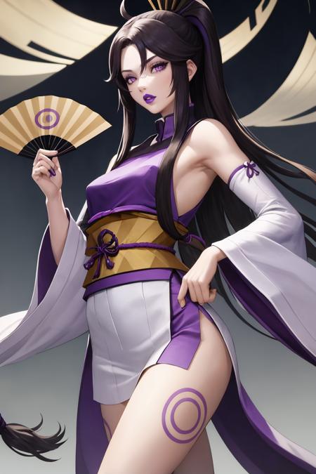 amenouzume, covered eyes, japanese clothes, detached sleeves, hand fan, folding fan, purple lips