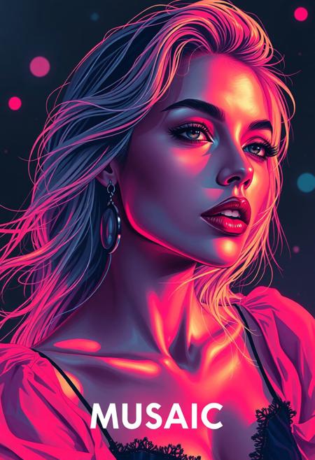 high quality design aesthetics, disco, synth pop, dynamic, detailed, pop album cover, melancholic, beautiful young white woman, artist name "MUSAIC"