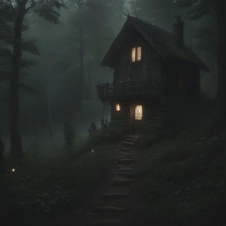 resonance, dusk, dream, hiking through the carpathian mountains, as you crest a steep hill, you look to your left and see a small log cabin not even five paces from the trail, perhaps a place to stop to rest after a long journey, sitting on the front porch of the cabin, (there's a woman in her late twenties, pretty face, a smattering of freckles, curly brown hair, she gives you a warm welcome, and a wolfish smile that reveals her remarkably sharp incisors), a glimpse of her thigh through the slit in her homemade dress foreshadowing a sexual encounter later on in the evening, you are utterly entranced by this seemingly chance encounter, dvr-hgh-fnt, dark, chiaroscuro, low-key, 70s erotic horror,
