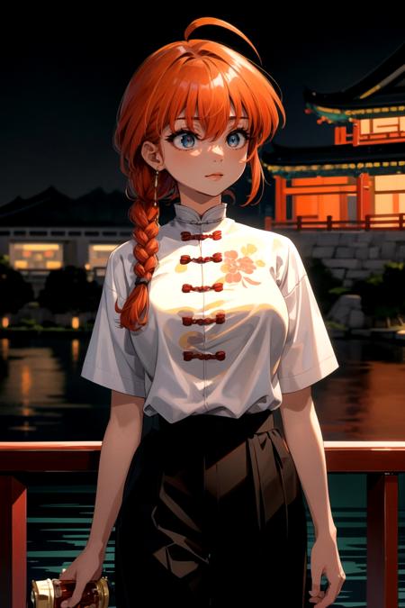 (masterpiece, best quality, extremely detailed:1.5) BREAK highres, ranma 1/2, ranma-chan, 1girl, blue eyes, pigtail braid, breasts, casual, closed mouth, large breasts, long hair, looking away, looking to the side, (red tang chinese shirt:1.2), buttons, black loose pants, red hair, solo, tokyo landscape, ahoge