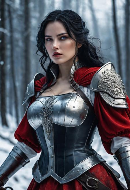 High resolution ultra-realistic of Beautiful Snow White warrior, Fantasy style, 8k, capturing the intensity of the moment, dramatic lighting, standing on a bloody and stormy battlefield in a fighting pose, fire, intricately designed shining iron armor, red skirt, perfect athletic figure, beautiful Warrior Swow White, fire, dirty face, ultra realistic, cinematic style, athletic figure, dark fantasy, covered in dirty and blood, cinematic colors Lighting, extremely detailed, 8K, wavy black hair, realistic dirty bloody pale face, realistic blue eyes, beautiful Snow White on in cool iron armor, hyper-detailed, hyper-realistic, bright colours, Attractive 21 old years girl, Attractive, beautiful firm Breasts, sharp focus, digital painting, Photograph Taken on Nikon D750, Alphonse Mucha, 8K, athletic figure, Hyperdetailed, hyperrealism, Attractive, Attractive bust girl, asymmetric balance